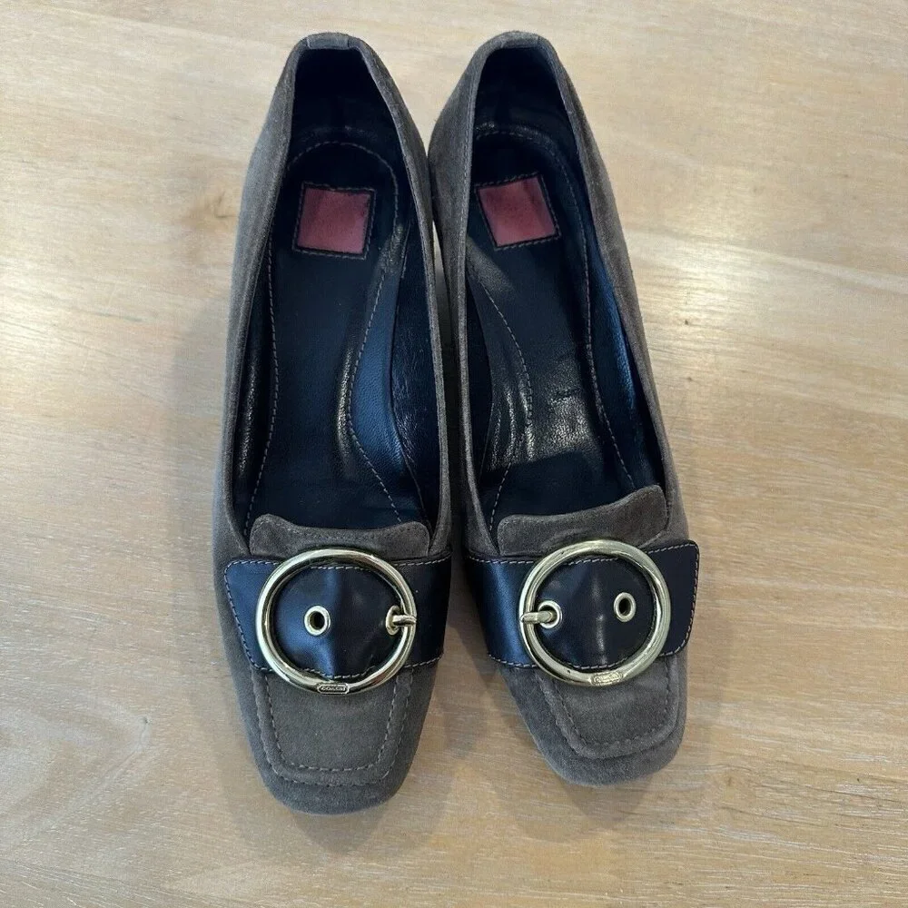 Coach Loafers Womens Sz 7 Brown Suede Slip On Gold Buckle Wedged Shoes‎ Preppy
